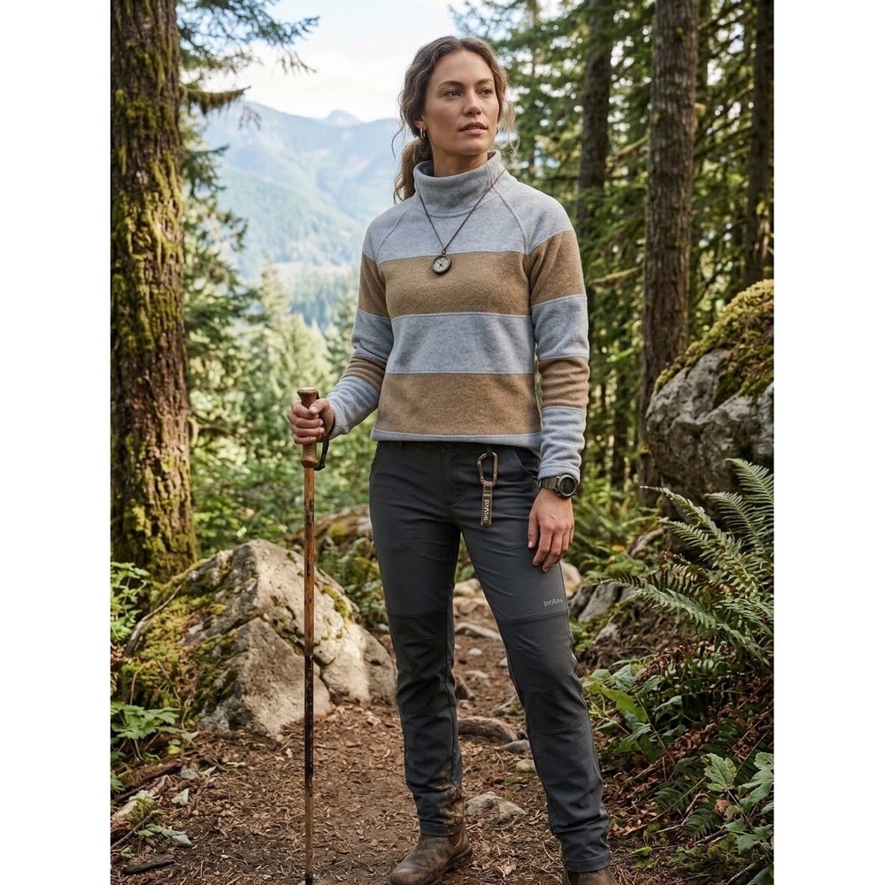 Prana Womens Breathe Recycled Wool Blend Striped Mock Neck Sweater Blue Tan M